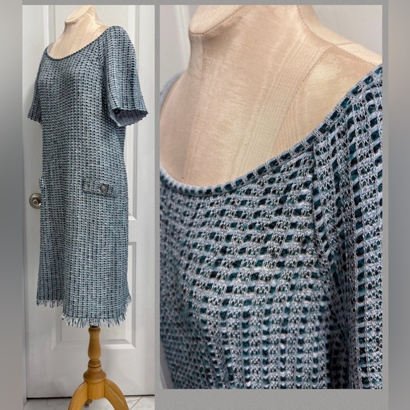 St. John Blue and White Patterned Midi Dress - Picture 2 of 15